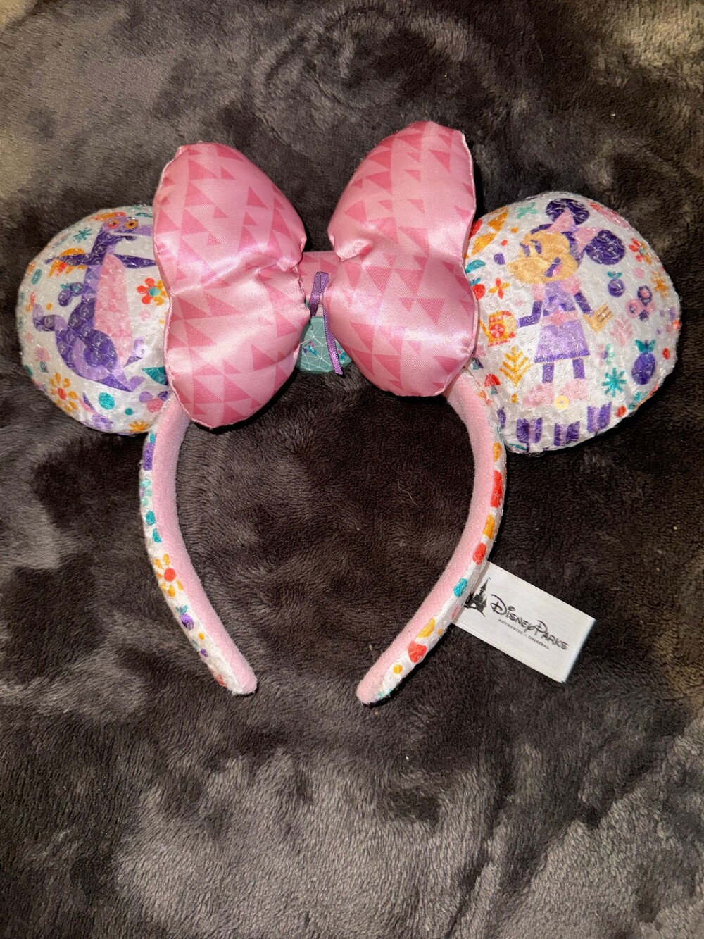 Disney Parks Minnie Mouse Ear Headband Pink Satin Bow Floral Character Print